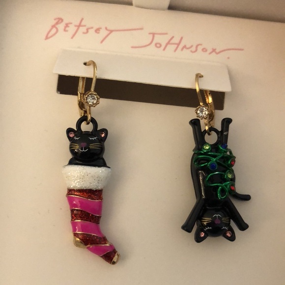 Betsey Johnson Black Cat In Stocking & Cat Tangled In Lights Drop Earrings NIB - Picture 8 of 13